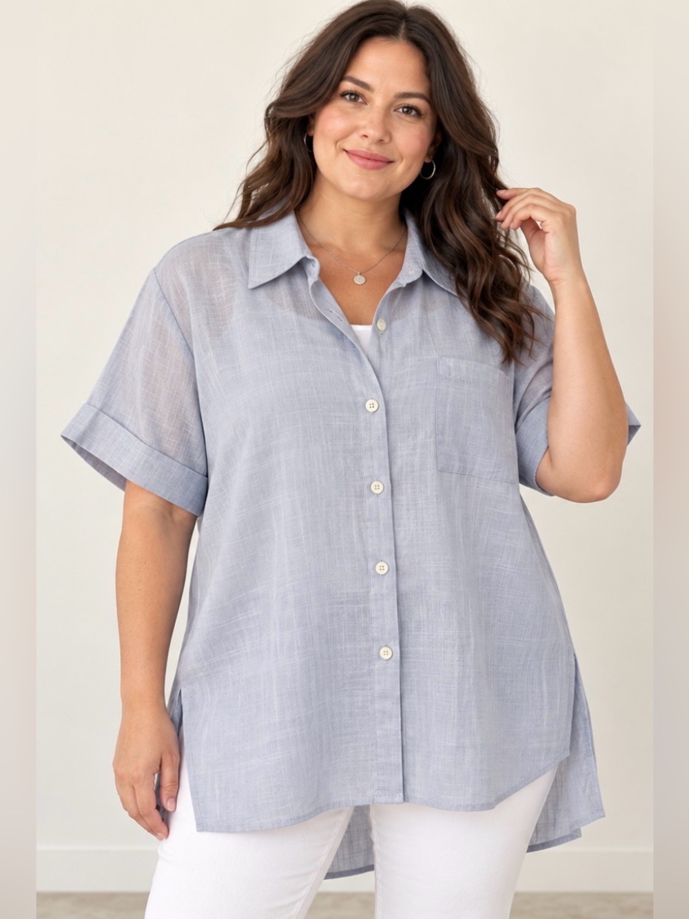 SHEIN Light Blue Relaxed Button-Down Short Sleeve Shirt